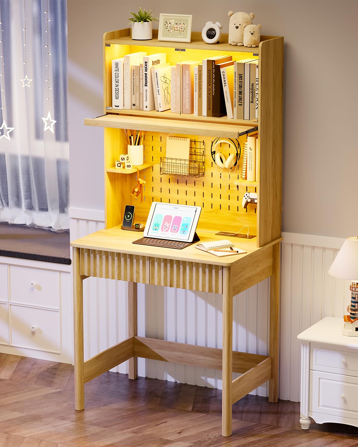 170 CM H Office Desk with 2 Socket and Drawable Lamp for Study,Natural