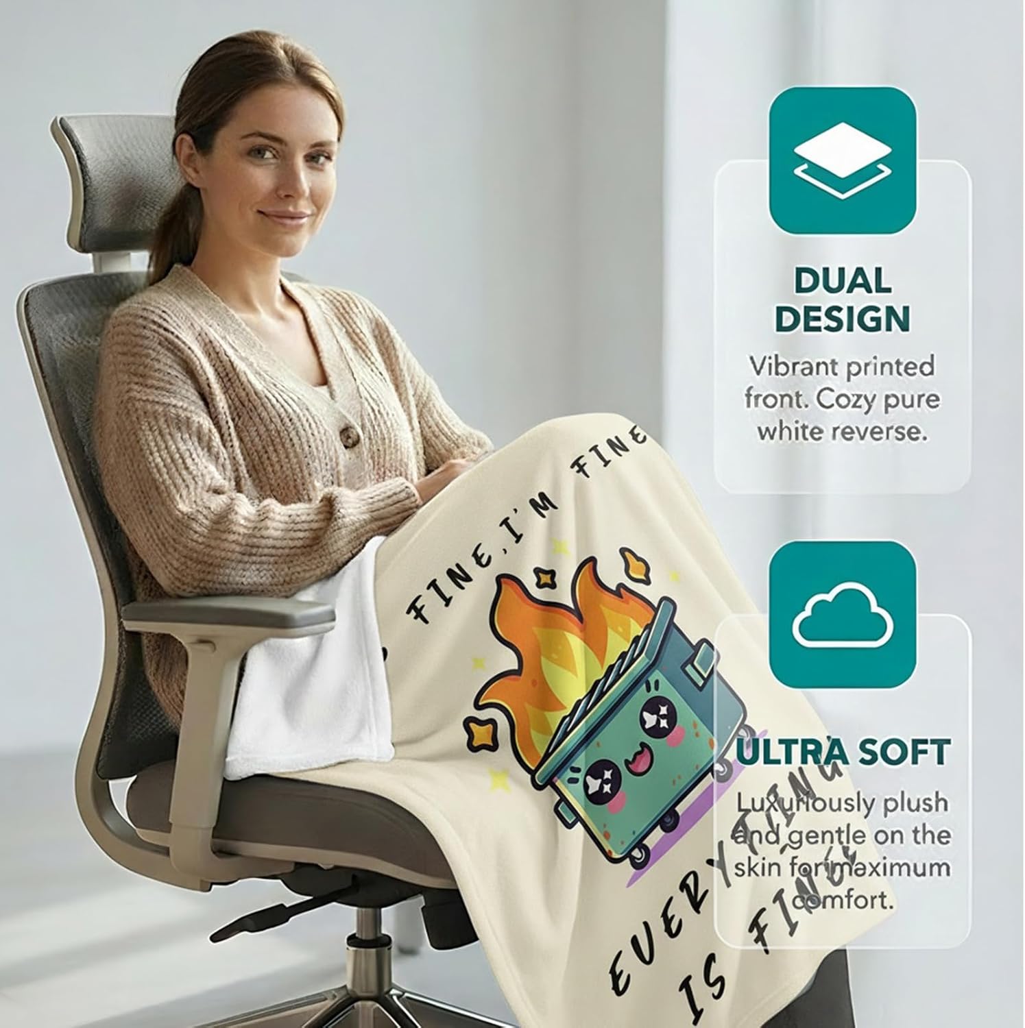 Funny Emotional Support Dumpster Fire Office Chair Blanket Funny Office Gifts for Coworkers Boss It's Fine I'm Fine Everything is Fine Beige Fun Soft Throw Blanket 60"X50" - Image 5