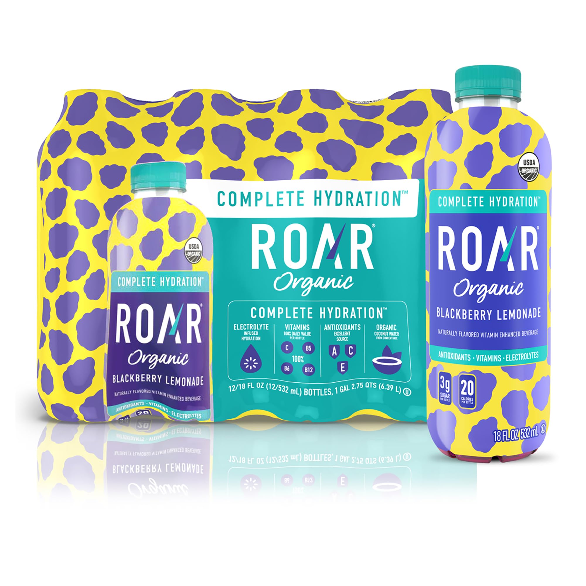 - ROAR Complete Hydration Organic - Electrolyte Drinks Loaded with Vitamins C, B5, B12 - Non-GMO, Gluten-Free - Blackberry Lemonade - 12 pc