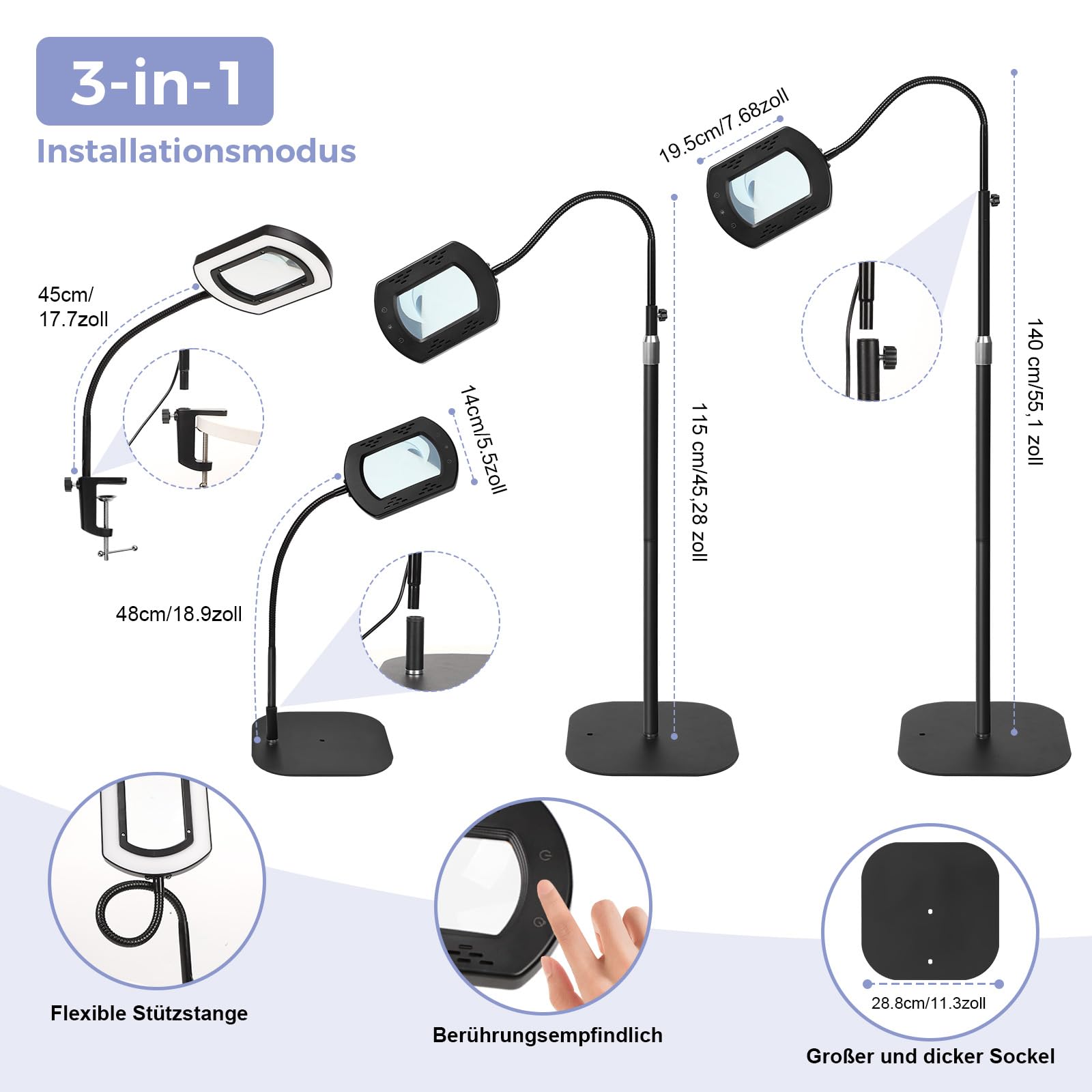 10 x lampa stojąca z lupą ze światłem i stojakiem, elastyczna lampa LED z lupą typu łabędzia szyja z zaciskiem, 5 trybów kolorów, bezstopniowe ściemnianie, lupa do czytania 3 w 1 ze światłem dla