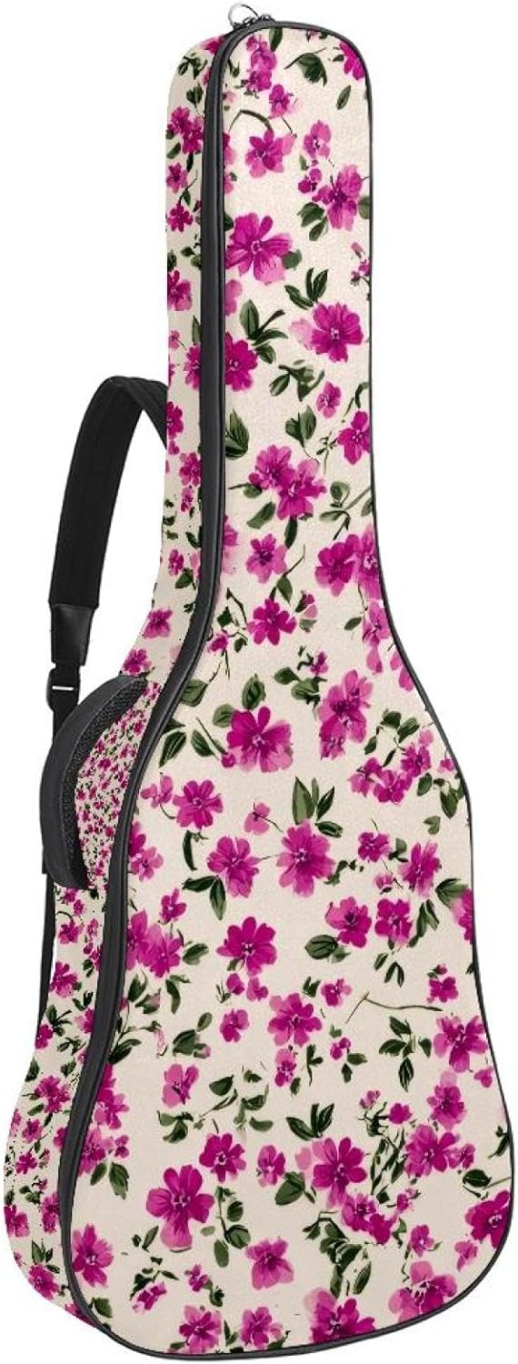 40 41 42 Inch Acoustic Guitar Bag, 0.4 In Thick Sponge Padded Guitar Case Gig Bag with Back Hanger Loop and 2 Pockets, Seamless Pink Ditsy Floral with Green Leaves