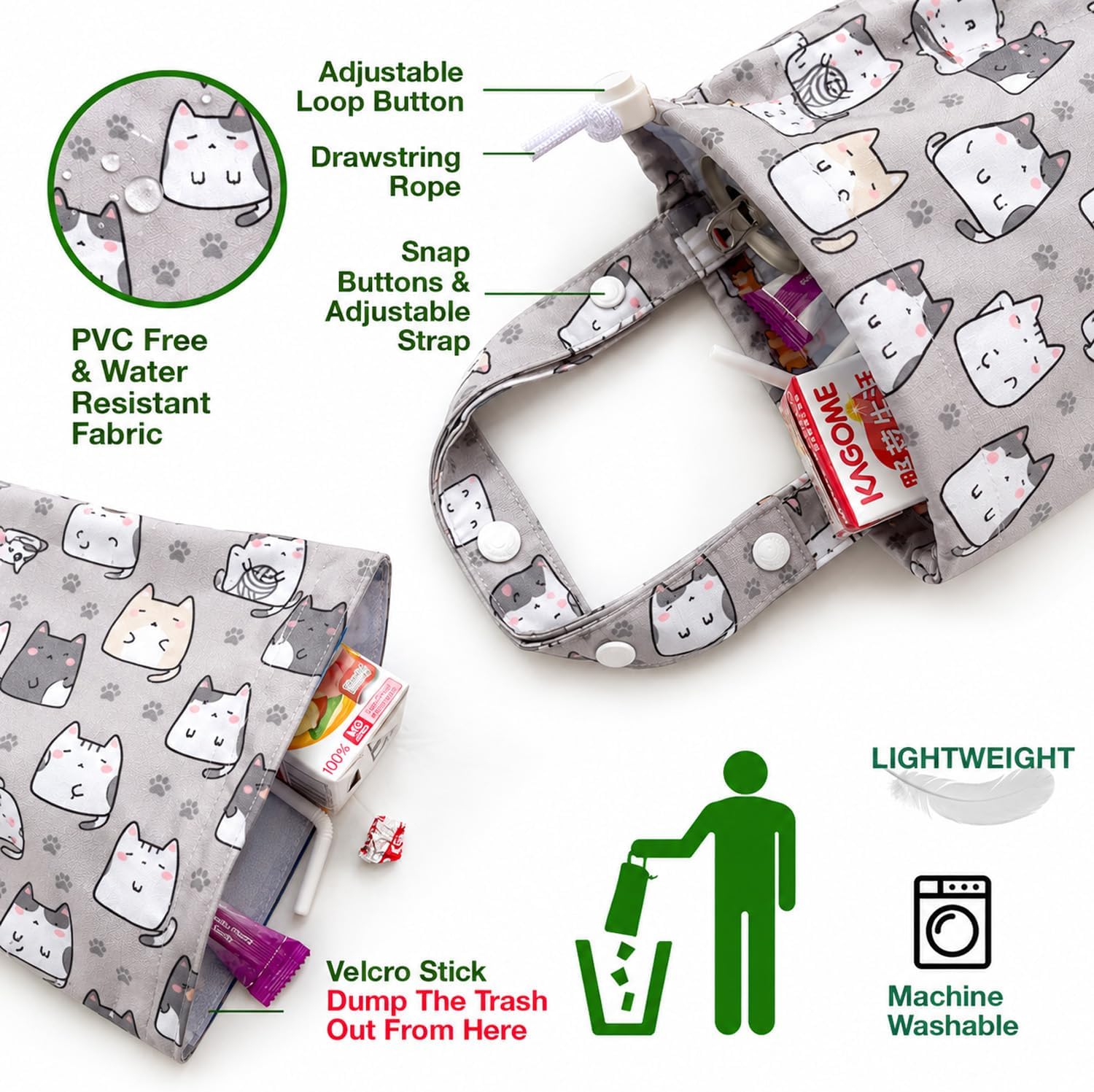 Car Trash Bag, Hanging Garbage Holder, Waterproof Reusable Bin, Polyester, Medium, 12x8x2 Inches, with Snap Strap for Headrest, Back Seat, Travel Storage (Grey Cats) image 5