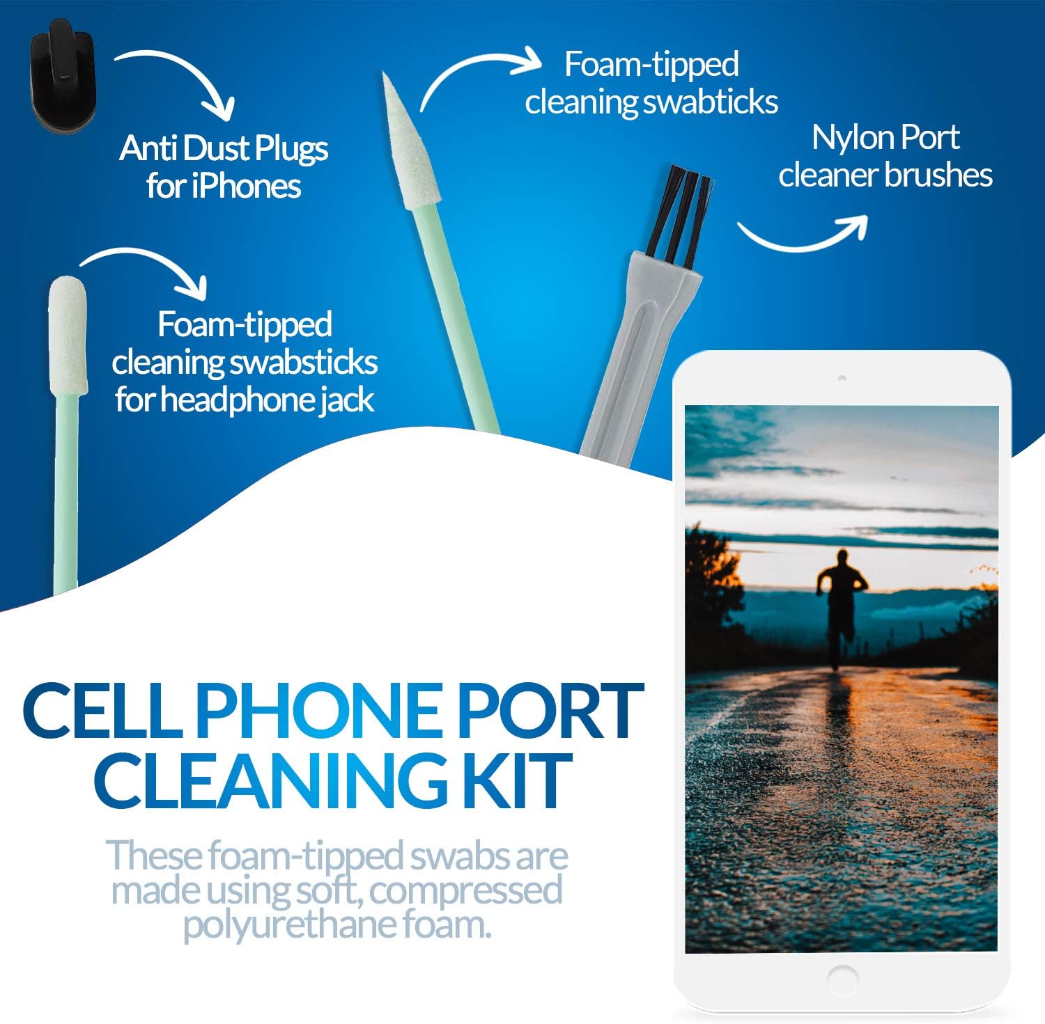 PortPlugs Universal Dust Plug Set (10 Pairs) + 9 Piece Cell Phone Cleaning Kit, Compatible with All iPhone, USB C, Micro USB Android, Tablets, Charging Port Covers and Headphone Jack Plugs (Black)