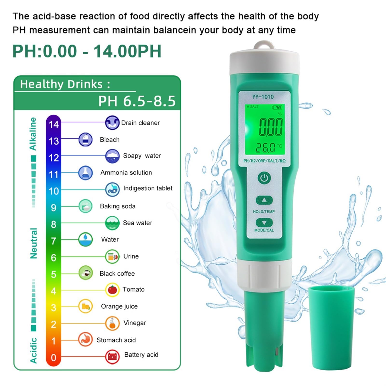 Tester miernika PH, 10 w 1 PH/EC/TDS/ORP/H2/żyzny/zasolenie/SG/rezystywność/temperaturowy miernik jakości wody cyfrowy wielofunkcyjny tester do akwariów,Woda pitna, Hydroponika, SPA, Browarnictwo(Met