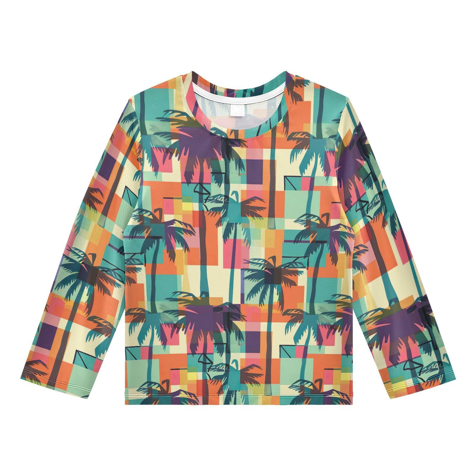 Vintage Geometric Palm Tree Pattern Boys Rash Guard Swim Shirts Long Sleeve UPF 50+ Quick Dry Sun Protection Shirt Swimsuit Surf Tops for Toddler Kid Girl Fishing Swimming Outdoor 3T