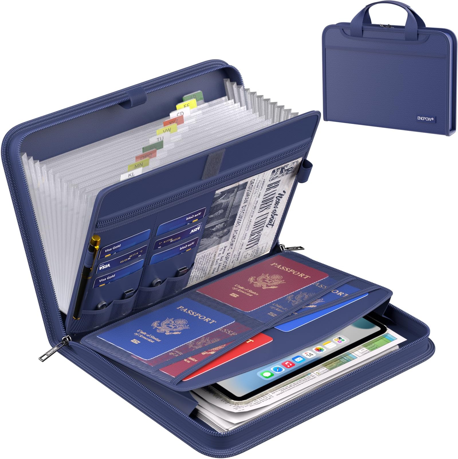 ENGPOW Accordion File Organizer, Blue, 14.2" x 10.4" x 2", 13 Pockets, Fireproof & Water-Resistant, Expanding Document Organizer with Handle & Labels, Perfect for Home, Travel, Office & School