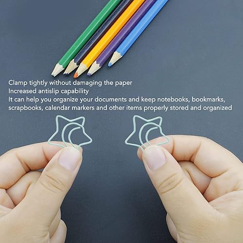 Miniatura 2 de Pwshymi 100 clips de papel de estrella y luna, resistentes al deslizamiento, clips de papel lindos portátiles con caja de almacenamiento para