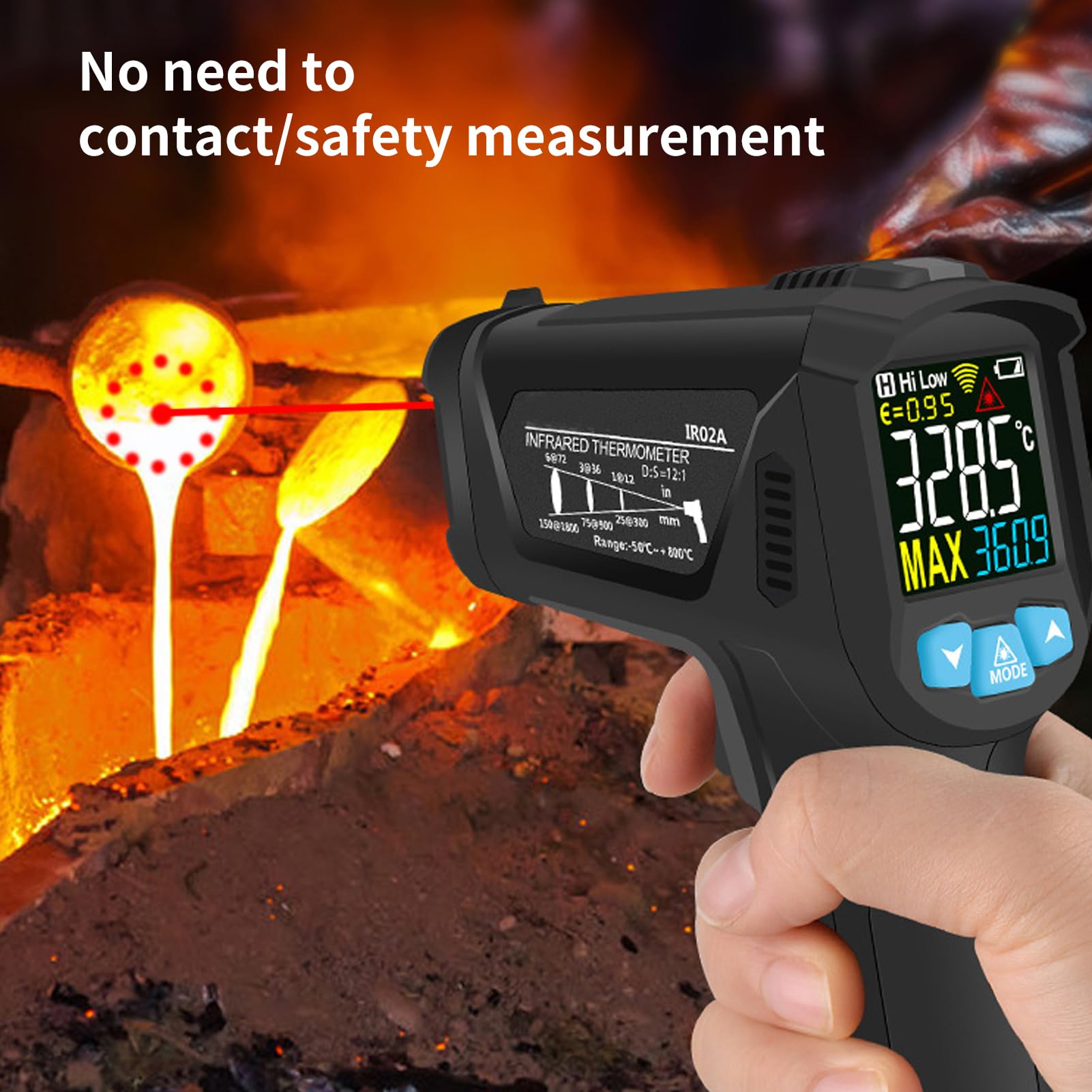 Przenośne narzędzie do pomiaru temperatury Kuuleyn, pistolet temperaturowy na podczerwień, IR02A 50 ℃ ~ 800 ℃ Termometr na podczerwień Bezdotykowy miernik temperatury do użytku w