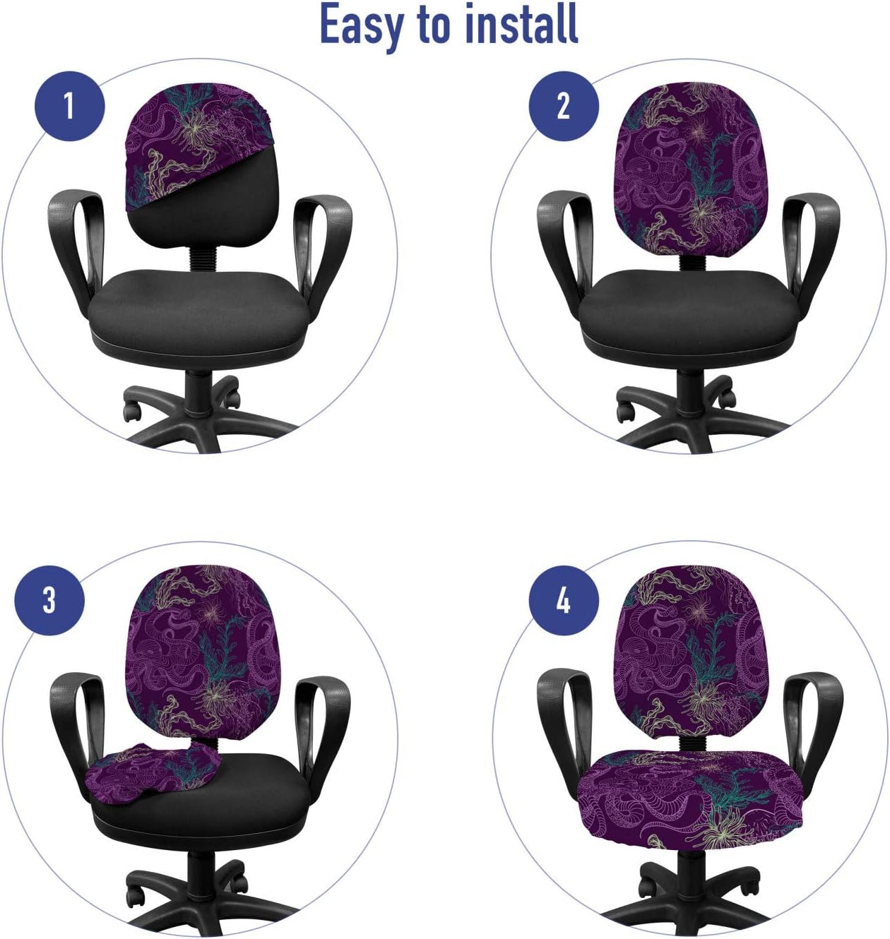 Ambesonne Octopus Office Chair Slipcover, Art Animal Pattern Jellyfish Marine Plants and Seaweed, Protective Stretch Decorative Fabric Cover, Standard Size, Purple Green