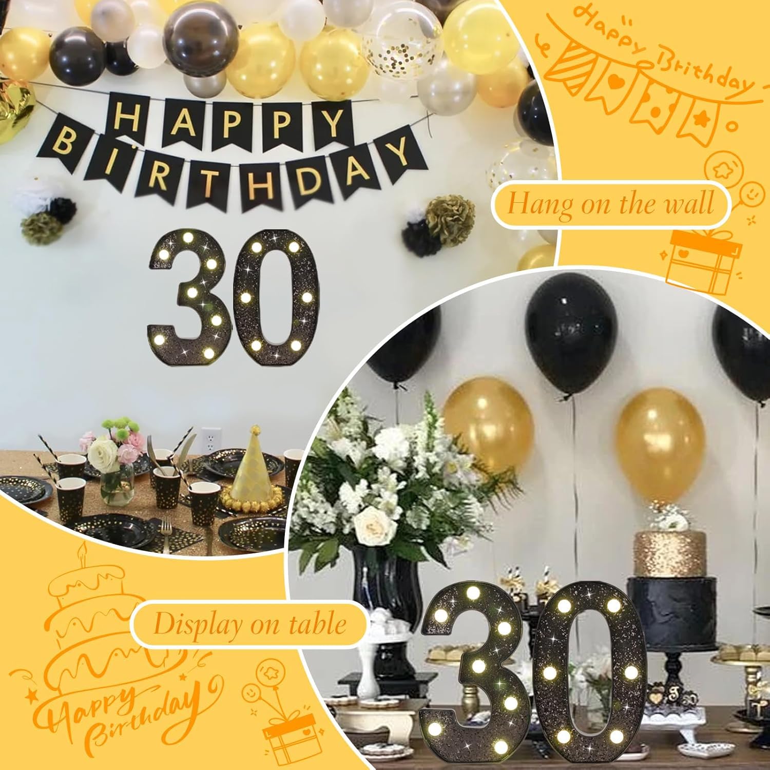 30th Birthday Decorations for Her Him, Decorative LED Light up Numbers for 30th Birthday Party, Glitter Black Marquee Number for for 30 Wedding Anniversary - Image 3