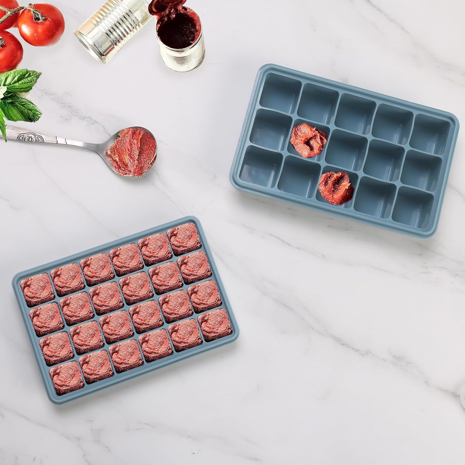 1 Tbsp & 2 Tbsp Silicone Freezer Molds - Perfect for Storing Garlic, Herbs, Ginger, Pesto, Lemon Juice,VTomato Paste,egetable Purees,Purees and More - Silicone Food Freezer Tray (Blue 2 Pack)