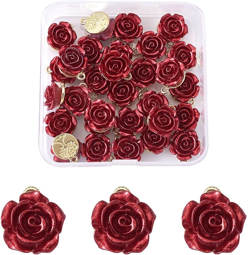 Beadthoven 30pcs Dark Red Rose Flower Alloy Charm Pendants Light Gold Plated 3D Rose Dangle Hanging Pendants for DIY Bracelet Necklace Earrings Jewelry Making 15x12x8mm
