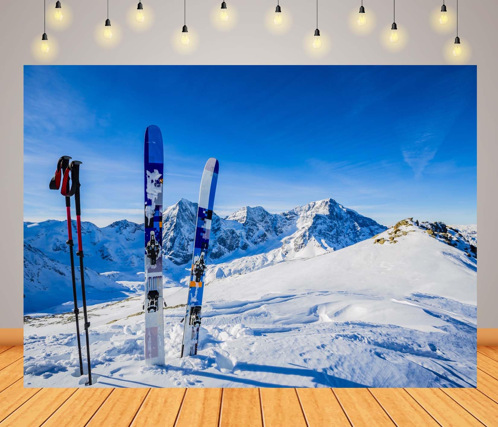 Winter & Ski-Hintergrund Für Fotoshootings – 2,1 X 1,5 M, Polyester-Mikrofaser, Mit Berg, Tannen & Holzhaus-Motiv