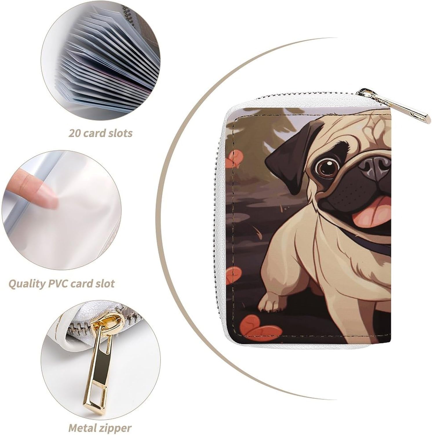 Cute Pug Card Holder RFID Blocking,Credit Card Wallet for Women And Men,Card Case Organizer Bag with Zipper