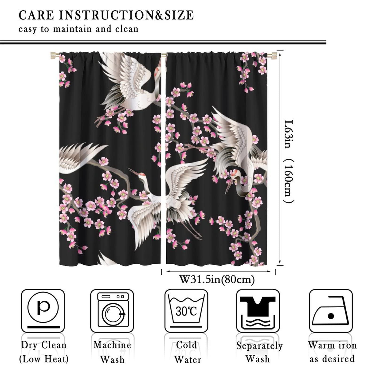 White Crane Curtains Japan Ukiyoe Theme for Boys Girls Kids Pink Cherry Blossom Blackout Rod Pocket Curtain Living Room Bedroom Window Treatment Drapes Set 63x63in
