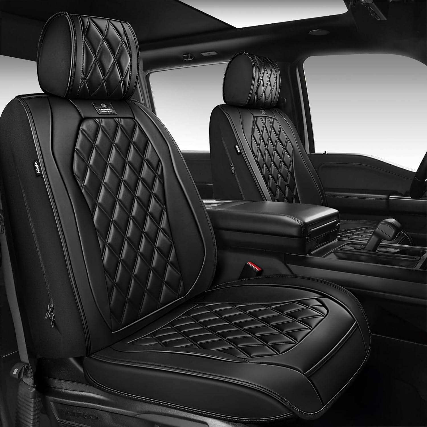 CAR PASS Luxury Leather Car Seat Covers Front Seats Only, Waterproof Faux Leather Front Seat Covers, Universal Automotive Seat Cushion Fit for Sedan SUV Truck Van,Armrest Airbag Compatible Rhomb Black