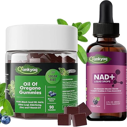 Q'ankyaq Aceite de orégano con aceite de semilla negra Gomitas orgánicas y gotas NAD 1000mg