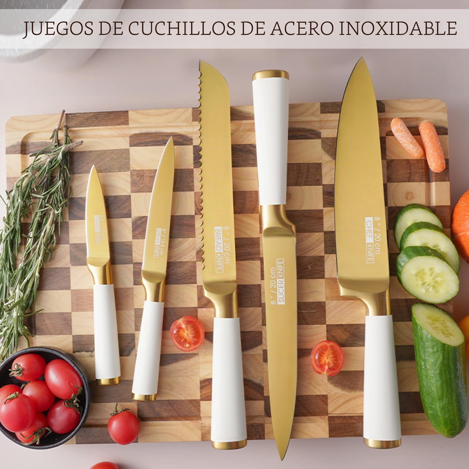 Juego de cuchillos de cocina, 6 cuchillos de acero inoxidable rosa con bloque, bloque de cuchillos ultra afilado con mango cómodo, cuchillo de chef para la cocina casera (blanco)