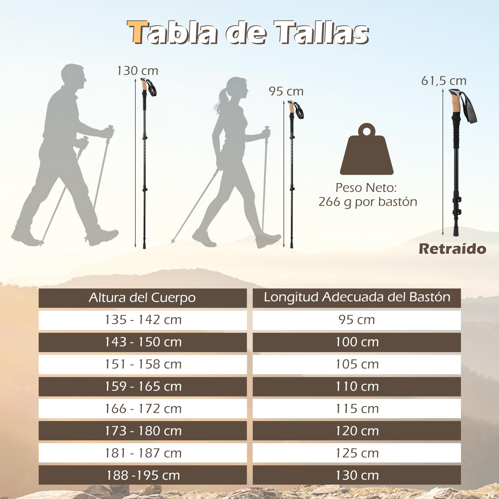 COSTWAY Bastones de Trekking de Aluminio, Bastones Marcha Nordica Plegables Ajustar la Longitud, Par de 2 con Empuñaduras de EVA y Corcho Natural, Bloqueo Rápido, Accesorios para Todo Terreno