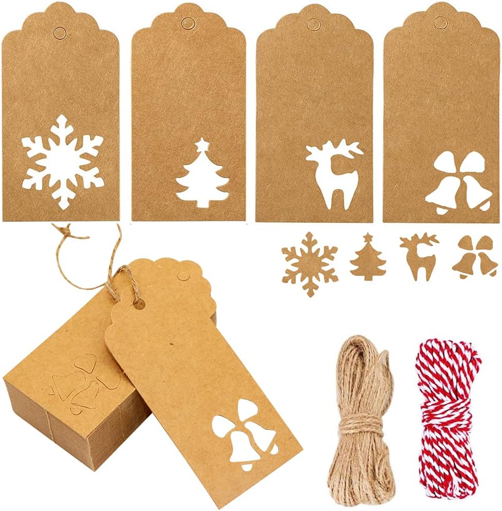 120PCS Christmas Gift Tags Brown Kraft Paper Gift Tags Snowflake Reindeer Xmas Hanging Labels Tags with 32.8 Feet Jute Twine String for Christmas Holiday Present Wrap : Arts, Crafts & Sewing