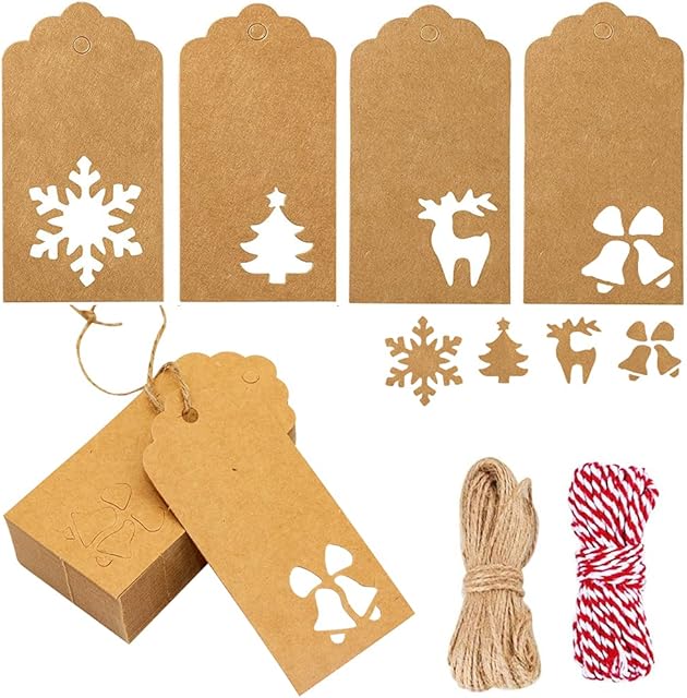 120PCS Christmas Gift Tags Brown Kraft Paper Gift Tags Snowflake Reindeer Xmas Hanging Labels Tags with 32.8 Feet Jute Twine String for Christmas Holiday Present Wrap