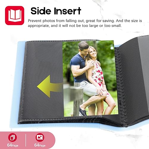 Miniatura 5 de Paquete de 2 álbumes de fotos de 5 x 7 con capacidad para 64 fotos, páginas interiores negras con banda elástica fuerte, álbum de fotos pequeño de 5