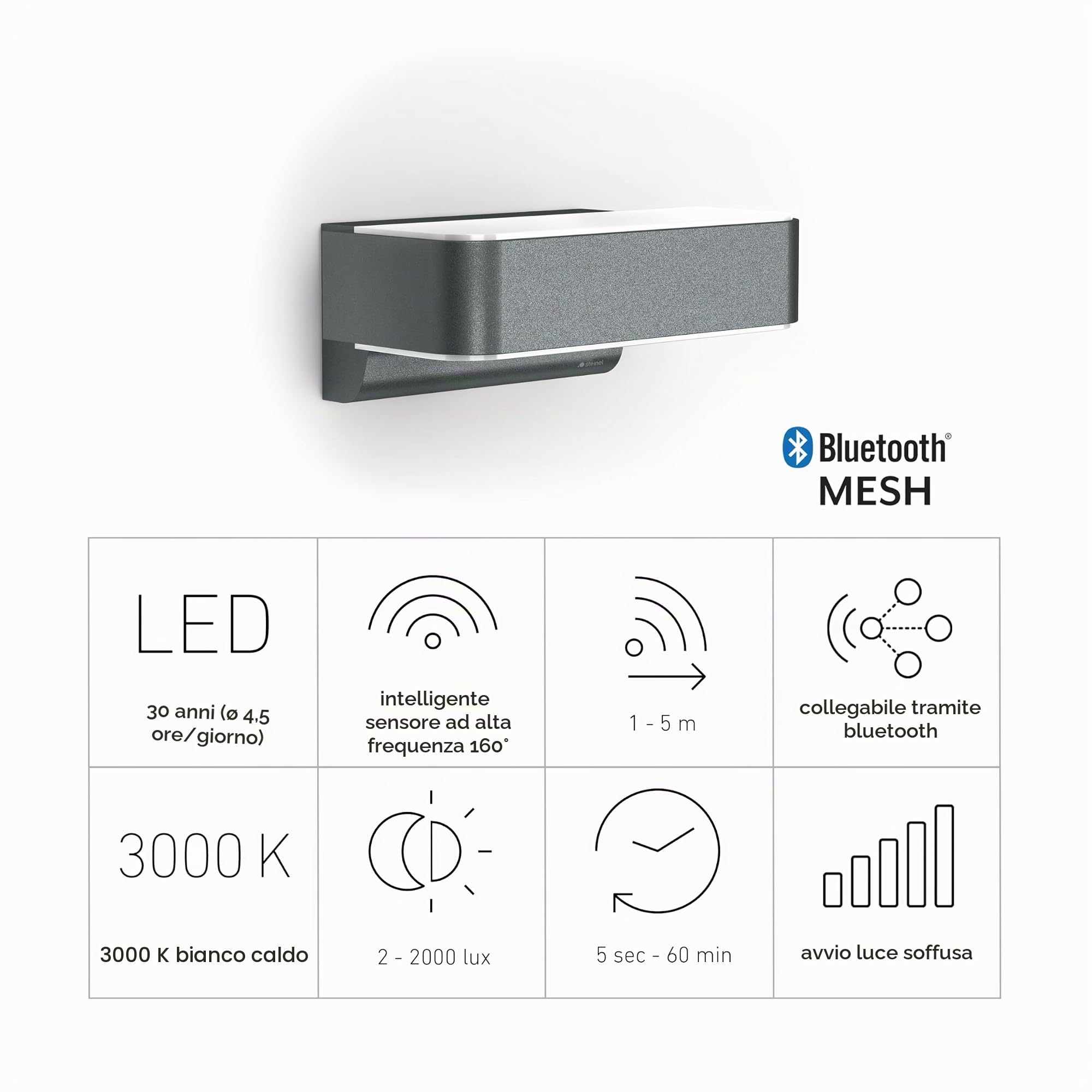 Steinel Lampada da parete L 810 SC, 9,8 W | sensore di movimento a 160°, collegabile tramite app, in alluminio