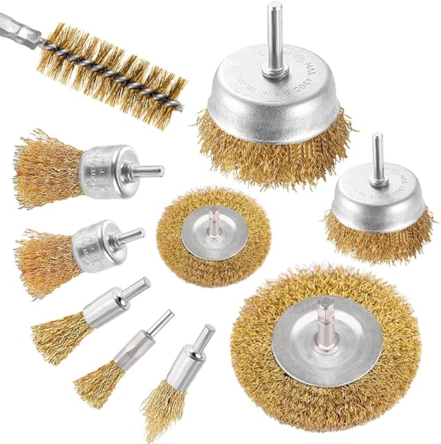 Drill Wire Wheel Brush Set, 10pcs Brass Coated Wire Brush Wheel Set, Cup Brush and Tube Brush Kit for Cleaning, Rust Removal, Polishing, Deburring & Paint Removal
