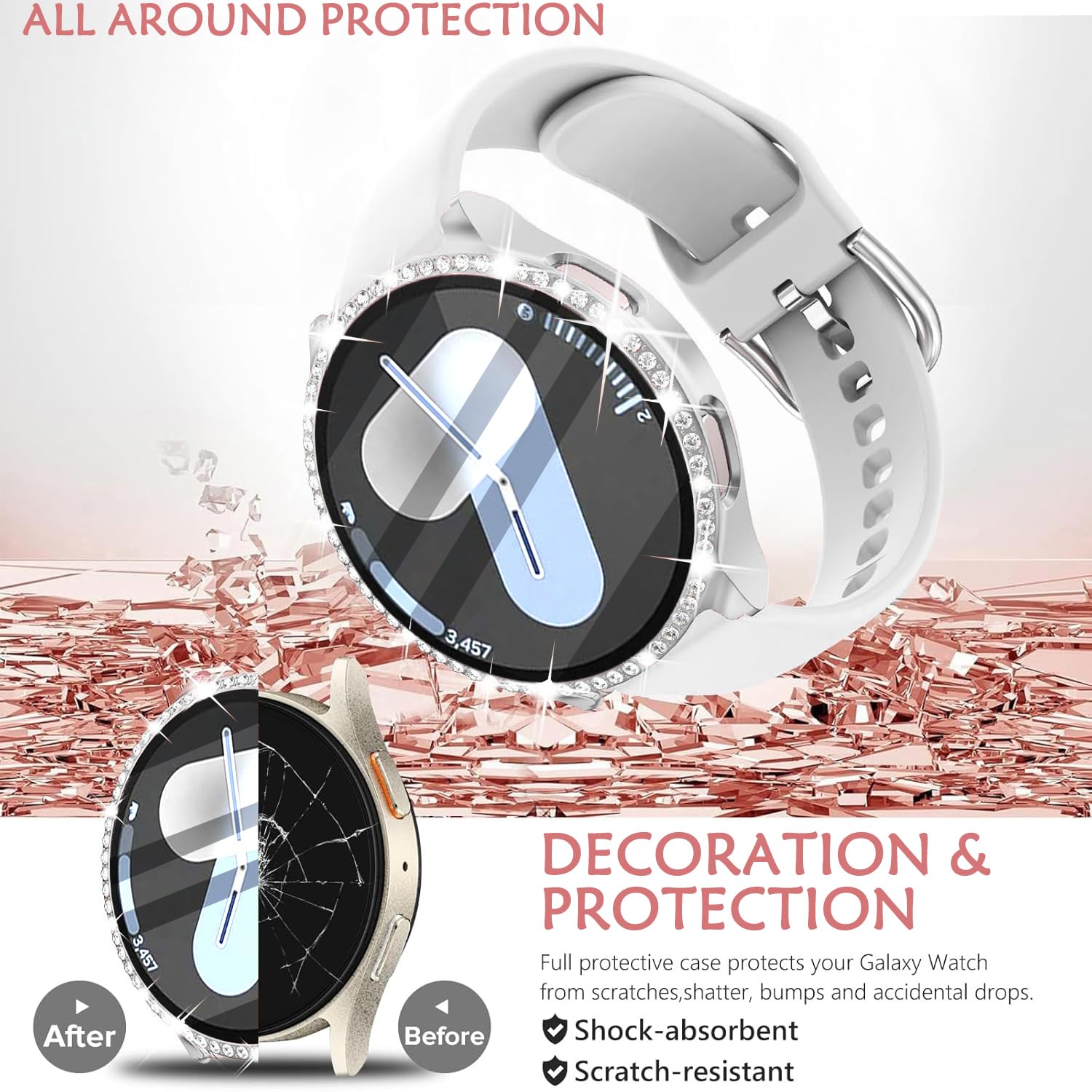 DEALELE [2-PACK] Case Compatible with Samsung Galaxy Watch 5/4 44mm, Bling Single-Row Diamond PC Protective Case Replacement Watch Cover Bumper (44mm, Gold+Transparent) — view 58