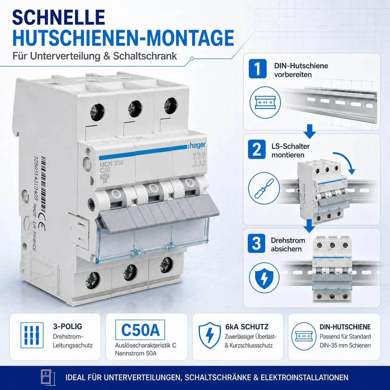 HAGER MCN350 Leitungsschutzschalter 3 polig 50A, C-Charakteristik, 6kA Sicherungsautomat 3P für Drehstrom, biconnect Klemmsystem, LS-Schalter für Hutschiene, 3 Module, 230 400V AC
