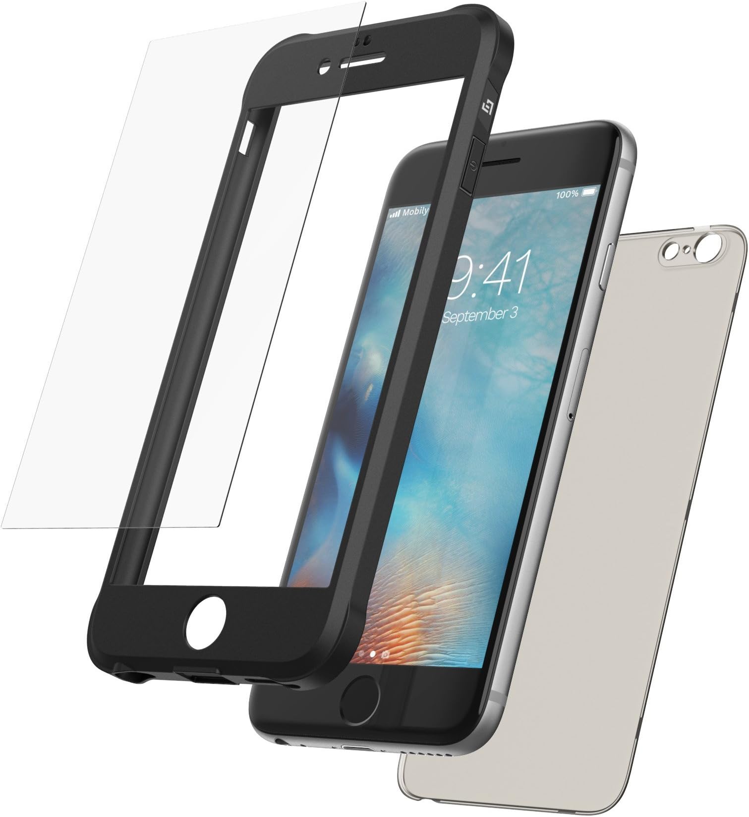 Mobilyos iPhone 6s 360° Full Body Case + Tempered Glass Screen Protector, Front and Back Case with Silicone Bumper, iPhone 6 360° Shockproof Case with Built-In Smoked Transparent Back Cover (Black)