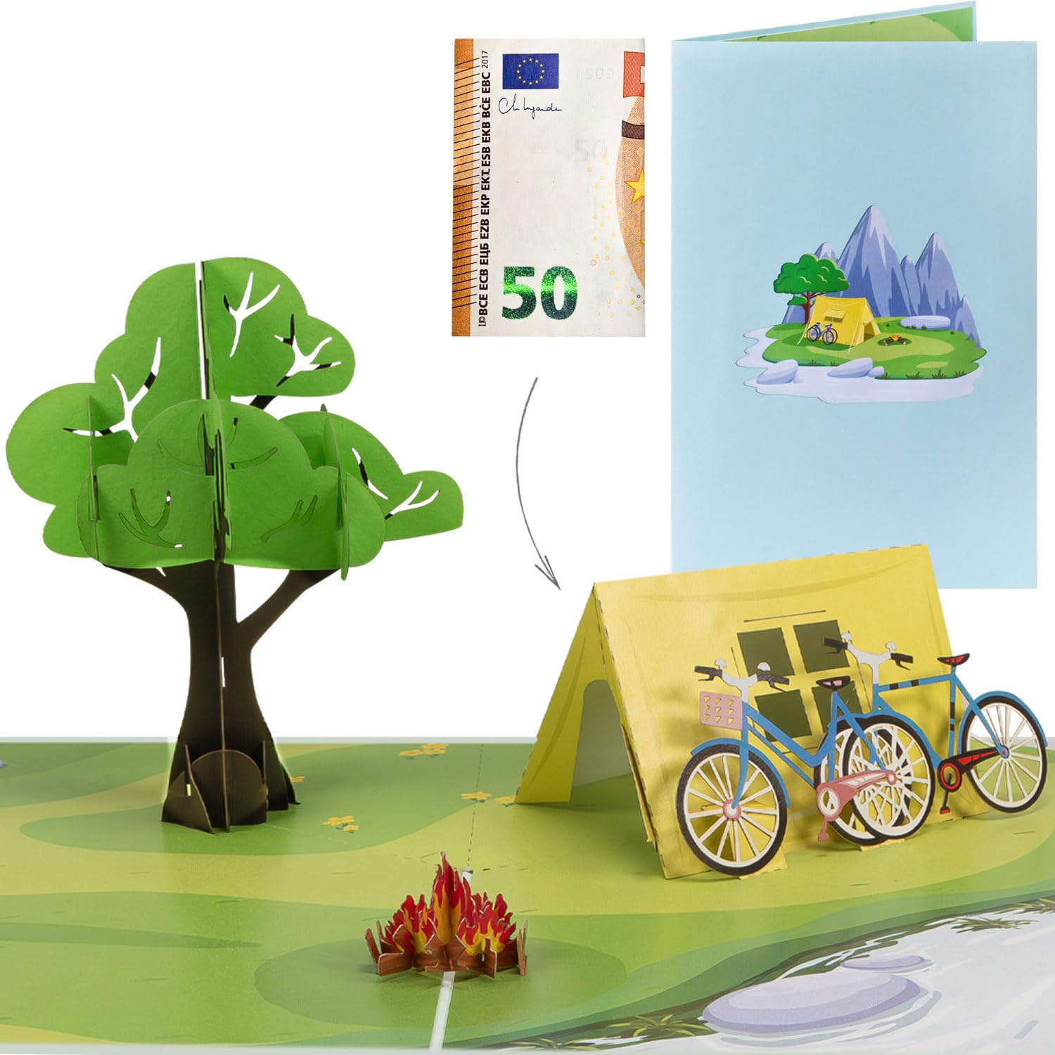 Sweetpopup® 3D Pop-Up Card Camping - Greeting Card with Tent & Bikes - Birthday Card & Voucher for Holiday or Bike Tour - Gift for Campers & Hikers (060)