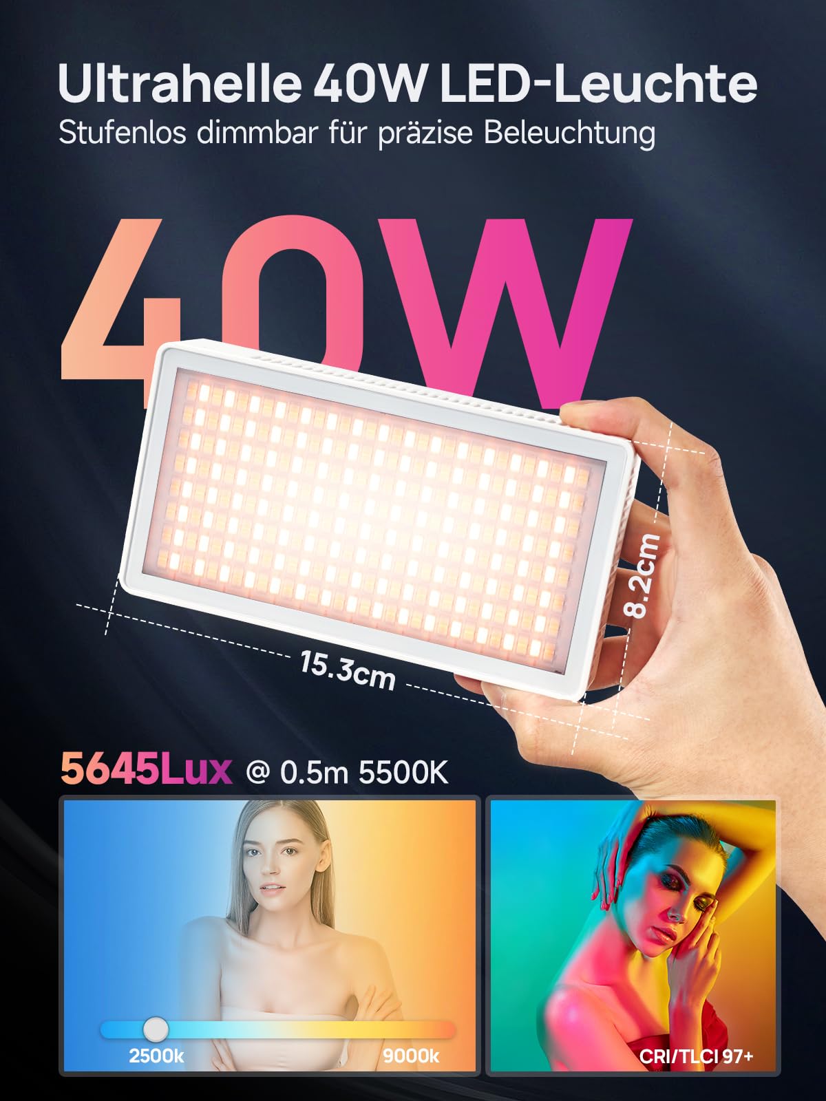 Rollei Lumis 40W RGB Led Videoleuchte, Kamera Licht mit Eingebautem Akku und Typ-C-Aufladung 5645 Lux CRI/TLCI 97+, 263g Fotolampe für Fotostudios Live Streaming YouTube TikTok