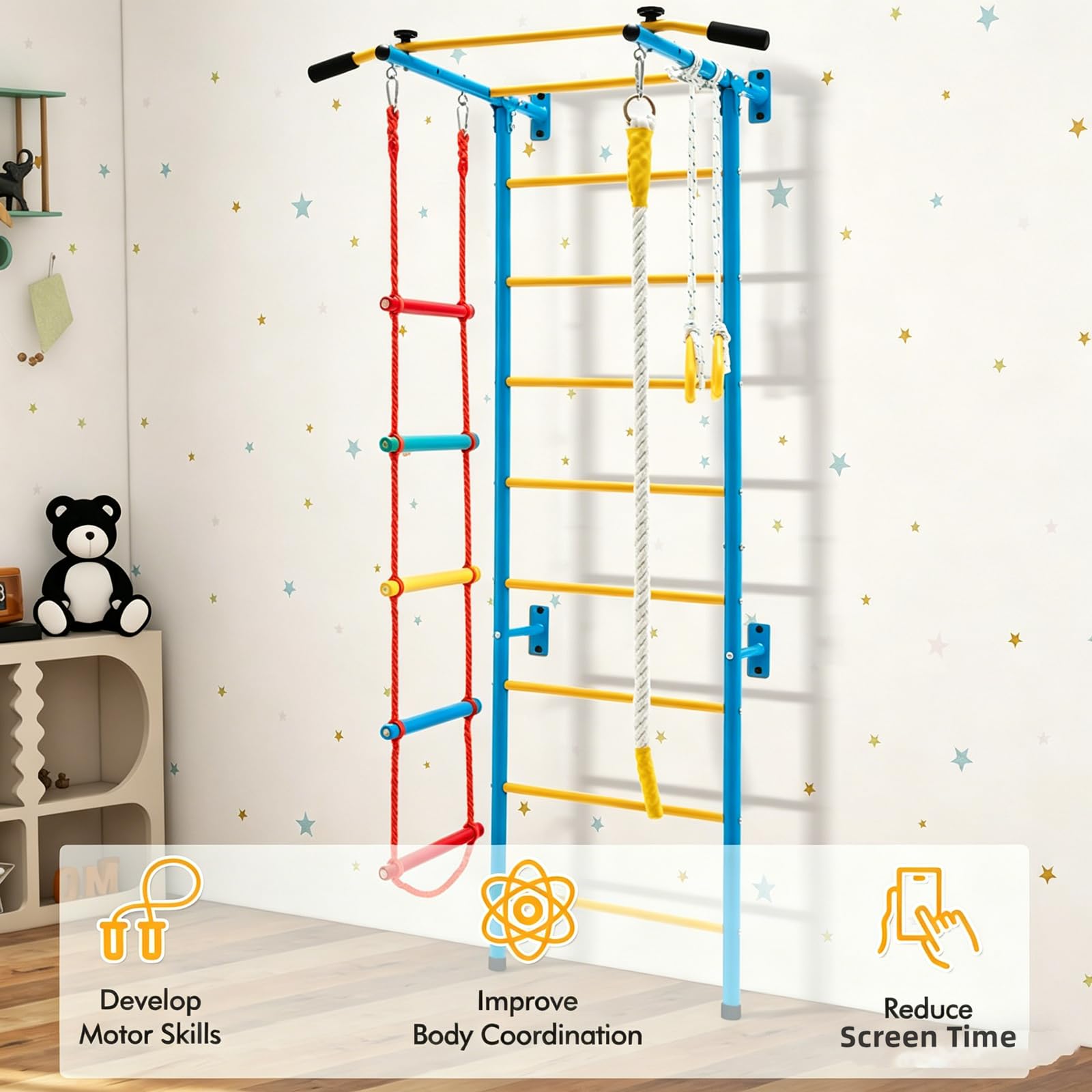 HOMASIS Escalera Sueca Mural 5 en 1, Espalier de Madera con Barra de Tracción, Escalera de Cuerda, Cuerda y Anillos de Gimnasia, Juego de Escalada para Adultos y Niños de 3 Años+ (Amarillo)