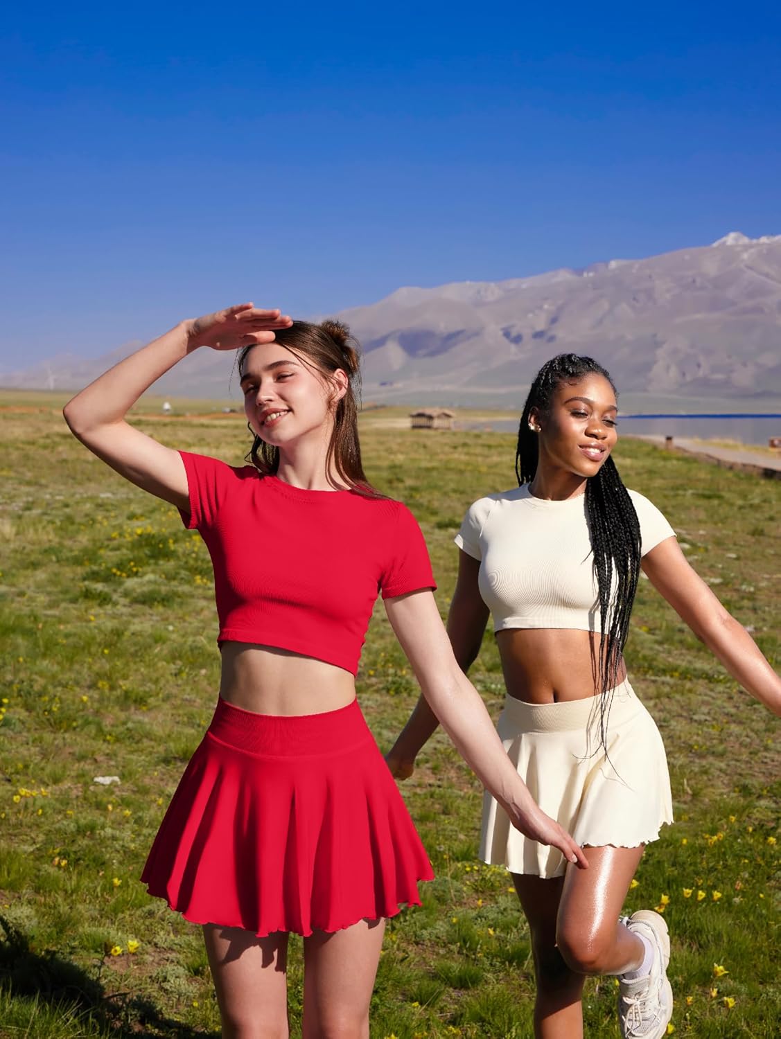 OQQ Women Mini Skirts 2 in 1 Flowy Basic Versatile Stretchy Flared Casual A-line Skirt with Pockets - Image 2