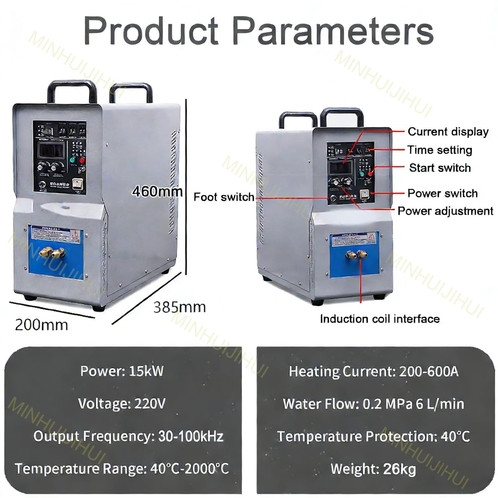 Indukcyjny system obróbki cieplnej, nagrzewnica o wysokiej częstotliwości 15 kW, praca 220 V, zakres częstotliwości 30–100 kHz, funkcja natychmiastowego rozruchu, temperatura 40°C – 2000 °