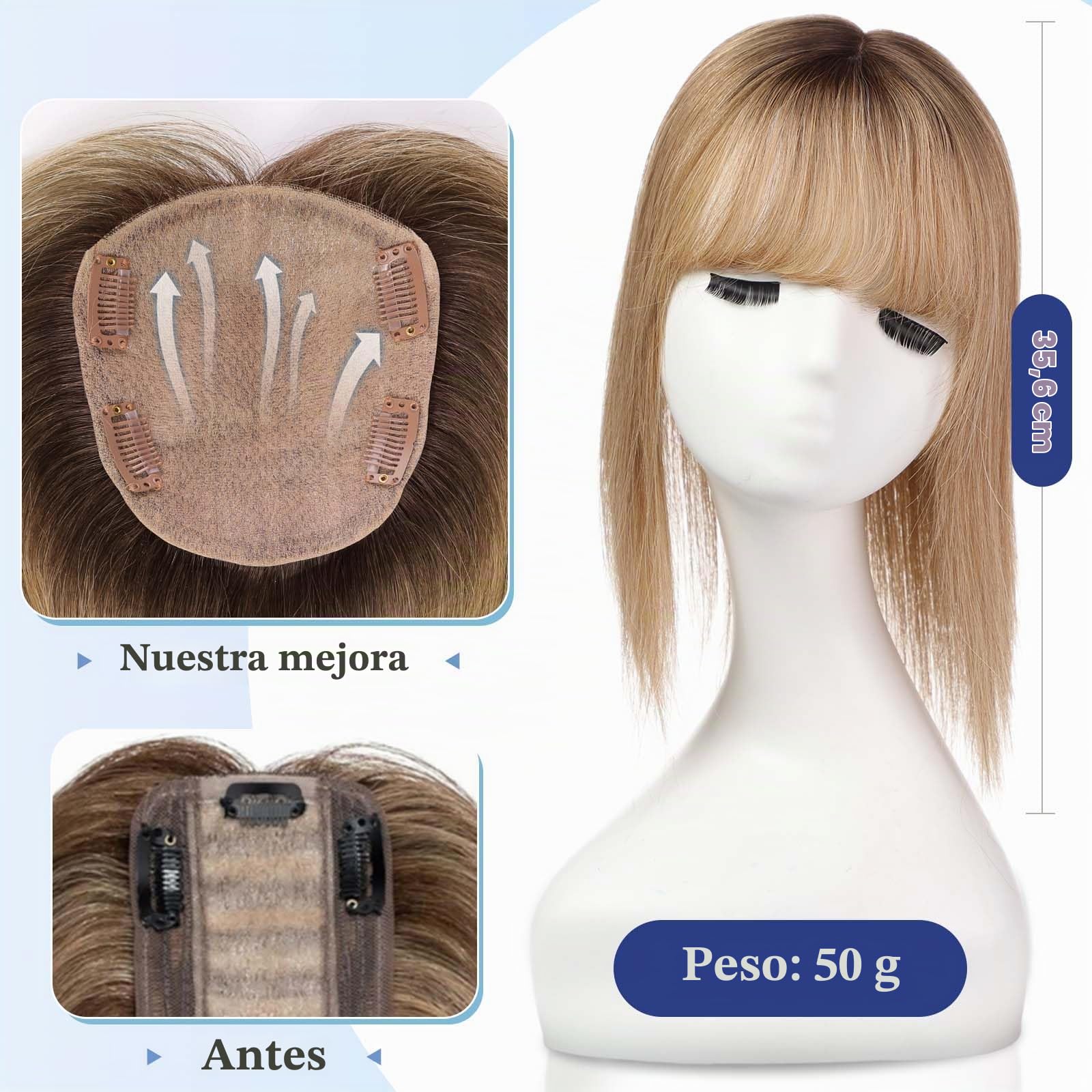 HAIRCUBE Tapa de Cabello 5"*5.5" Base para Mujeres, 14 Pulgadas rubio ceniza ombré, Tapa de Cabello 100% Cabello Humano Real con Flequillo para Mujeres con Cabello Ralo