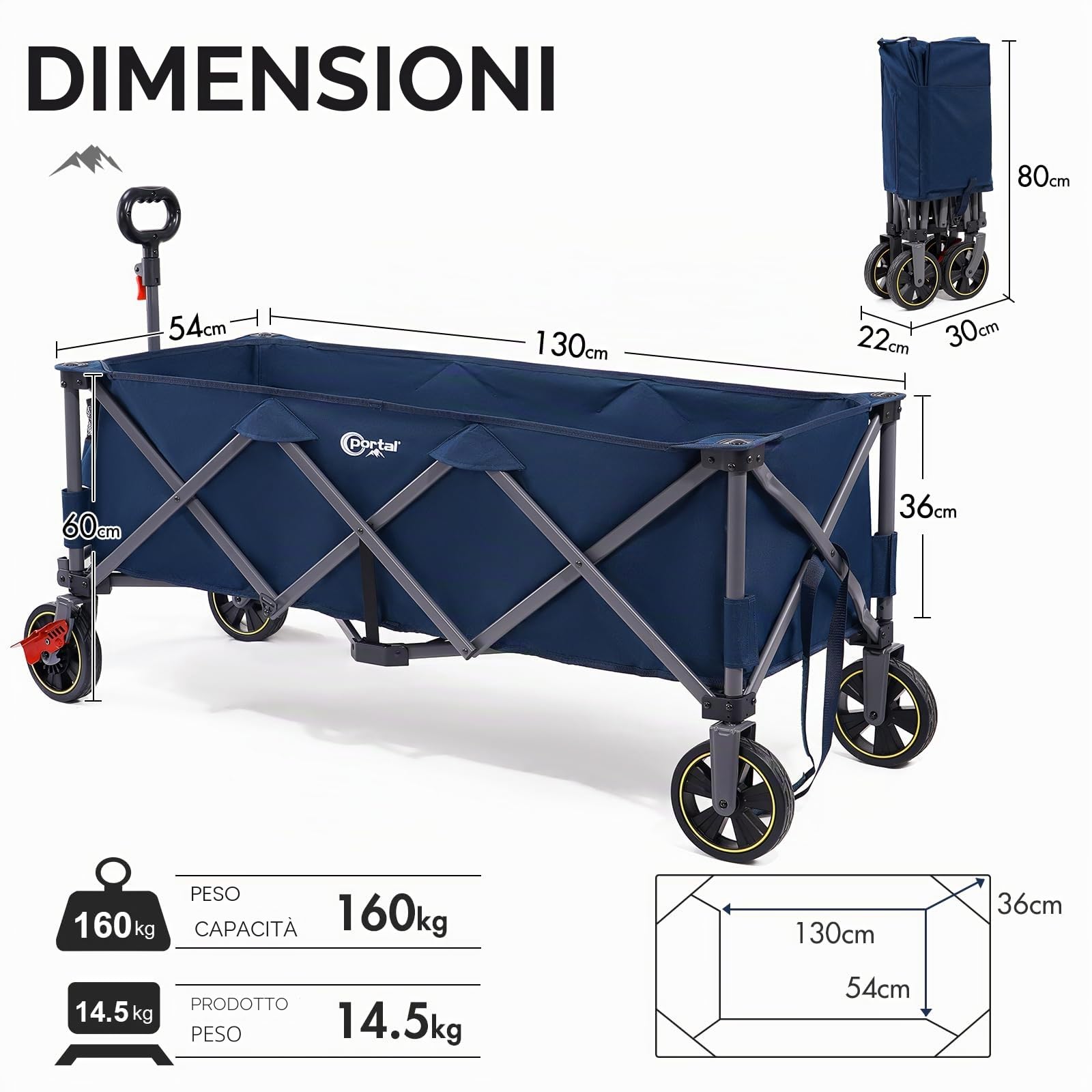 Portal Carrello pieghevole XXXL, 400 l, 160 kg, portata grande, con porta bevande, borsa laterale, carrello pieghevole, per giardino, campeggio, festival, blu