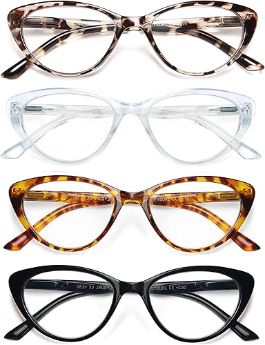 EYEURL Paquete de 4 lentes de lectura para mujer, ojo de gato, bloqueo de luz azul, lectura de moda con bisagra de resorte, anteojos de lectura