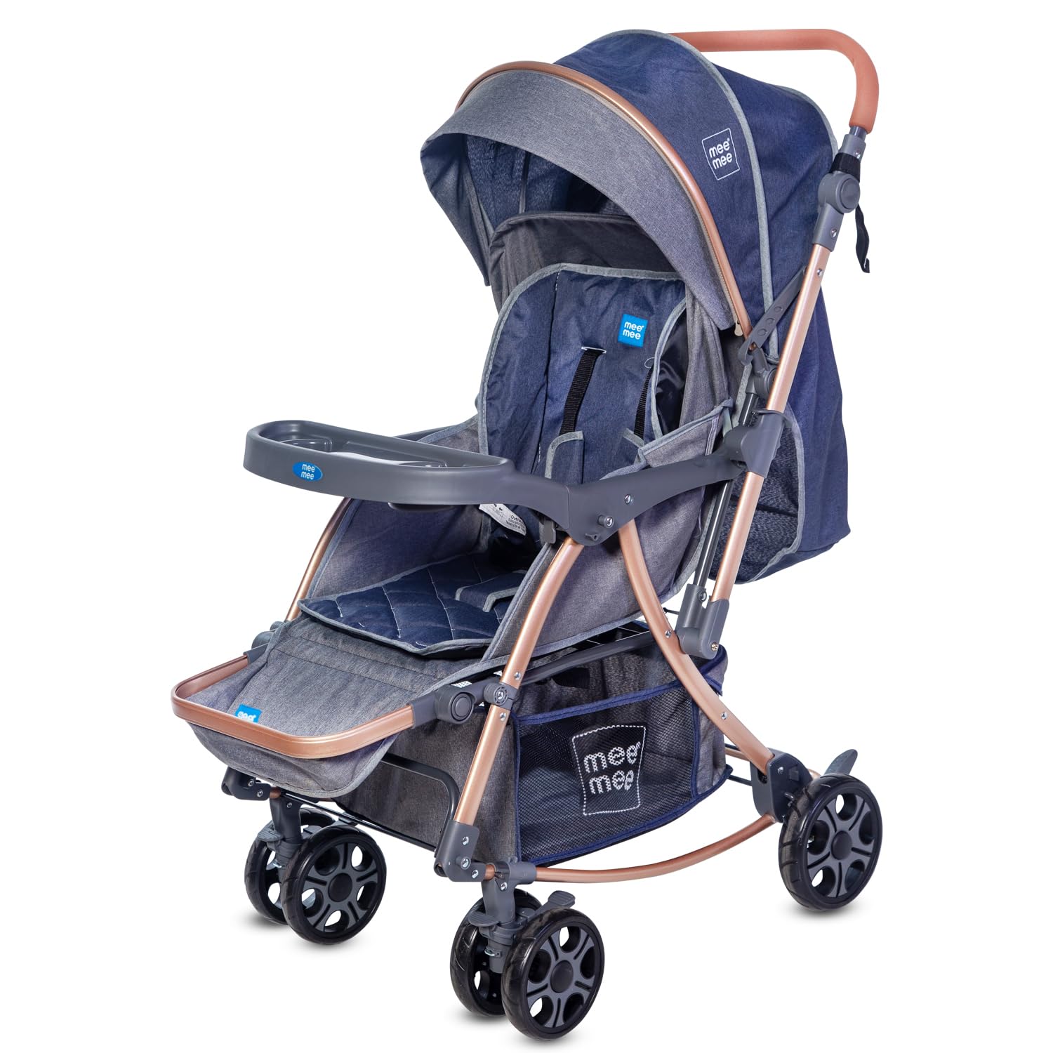 Mee Mee Baby 2-in-1 Pram/Stroller Cum Rocker, with 3 Reclining Positions, Wheel Brakes, Reversible Handle, Water-Resistant Canopy, Spacious Storage Basket, and 5-Point Safety Harness (0-3 Yrs, Blue)-picture-39