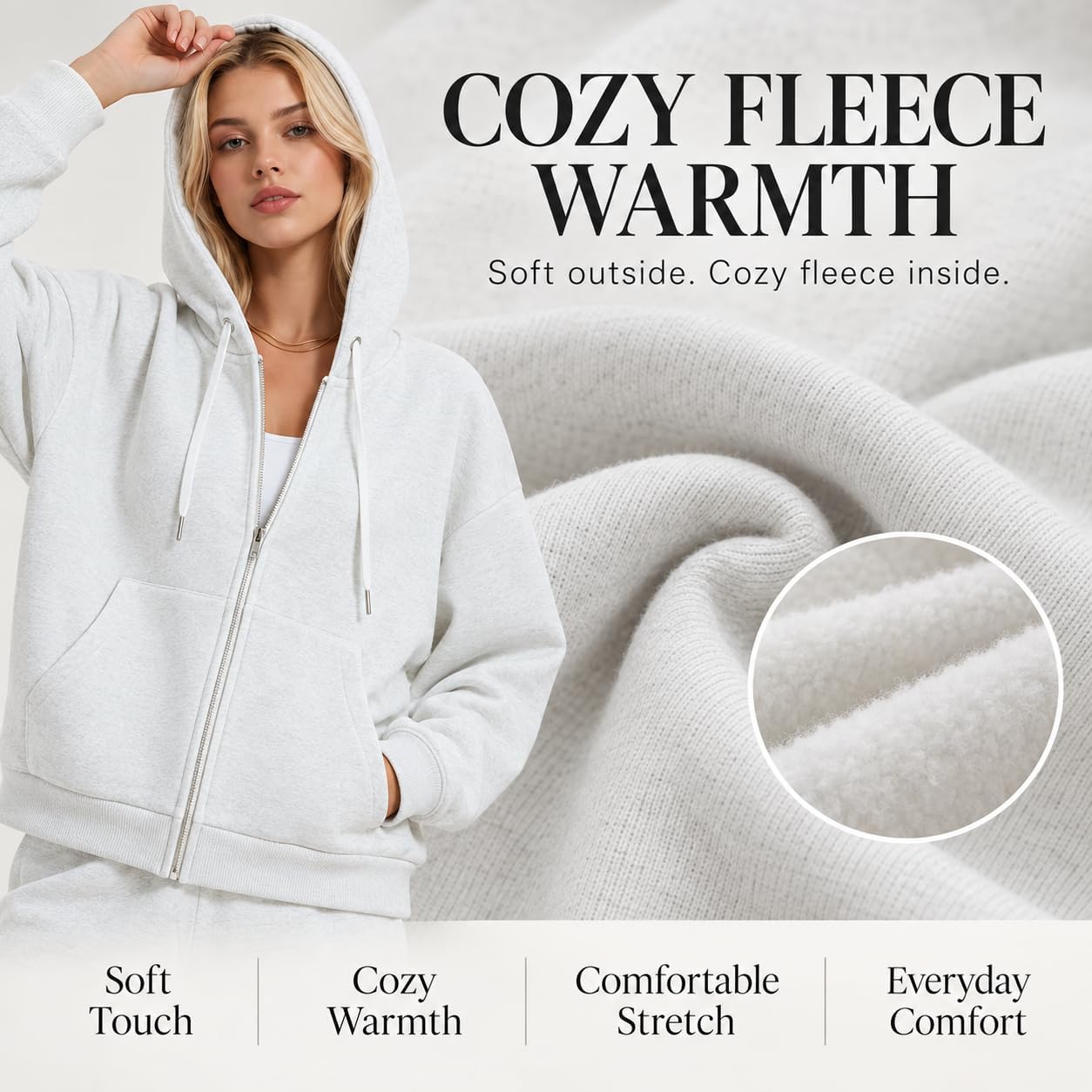 Tall Women's 2 Piece Fleece Sweatsuit, Zip Up Hoodie & Wide Leg Pants