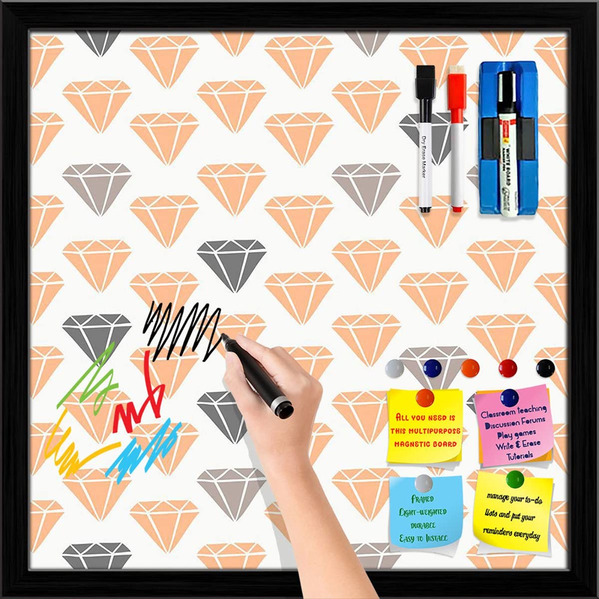 ArtzFolio Diamonds Pattern in Pink and Gray Framed Dry Erase White Board | Magnetic Board Combo with Magnet Buttons & Markers | Black Frame 20 x 20 inch (51 x 51 cms)