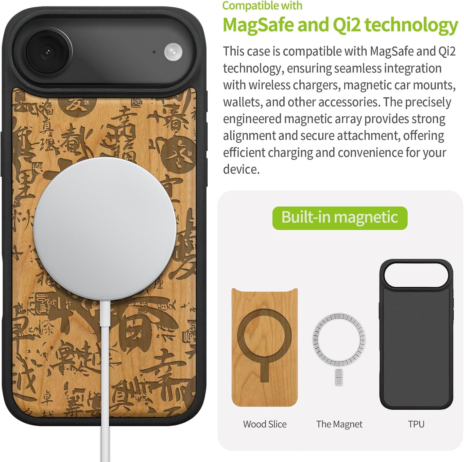 Carveit Magnetic Wooden Case for iPhone Air Case, Wood Artisan Engraved & Soft TPU Shockproof Cover, Compatible with MagSafe 17 Air Wireless Chargers (Calligraphy in Chinese) Cherry