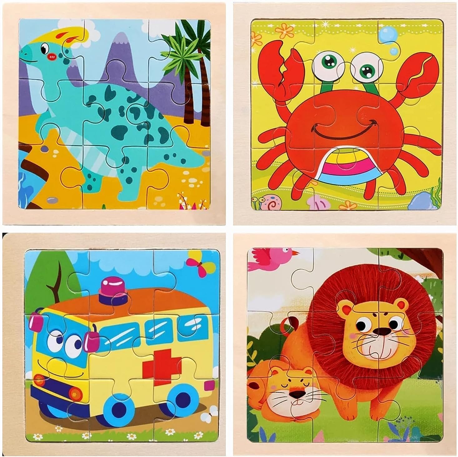 Wooden jigsaw puzzle for kids, pack of 4 puzzles set (lion, crab, dinosaur & ambulance bus) for toddlers and kids. Children's early learning & educational toys
