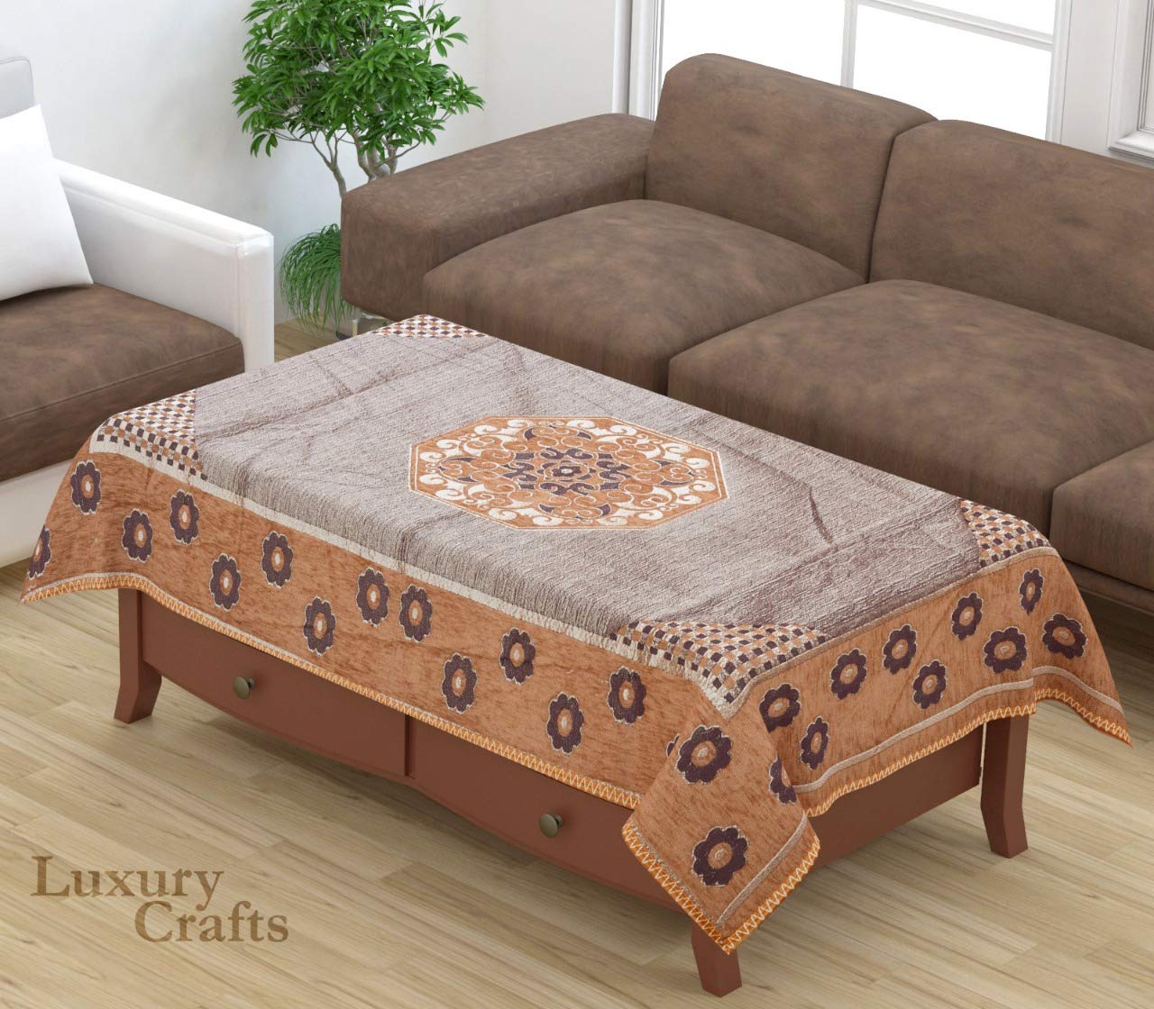 LUXURY CRAFTS Luxurious Attractive Design Chenille 4 Seater Center Table Cover (Blue)