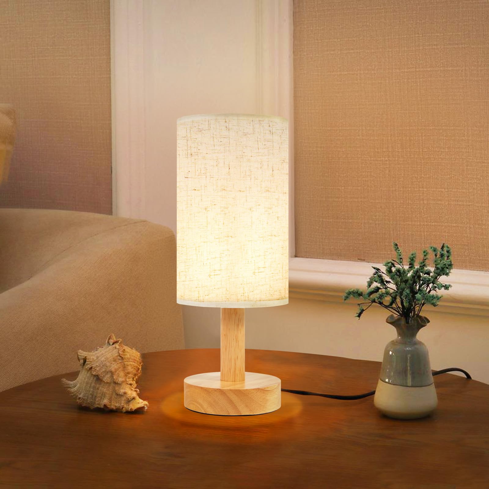 Photo 1 of ***NON FUNCTIONAL** Small Bedside Table Lamp for Bedroom,Natural Round Wood Base&Fabric Linen Shade,Cozy Night Table Light for Study Reading,Minimalist Boho Desk Lamp for Nightstand,Living Room,Nursery,Kitchen,Dorm