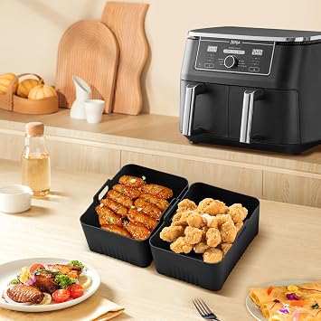 LYHOLKEER Silicone Air Fryer Liners for Ninja DZ550 10 QT,2 Pack Rectangle Silicone Airfryer Basket Liners Reusable for Ninja Foodi Dual Air Fryer Accessories,Non-Stick,Easy to Clean,Dishwasher Safe