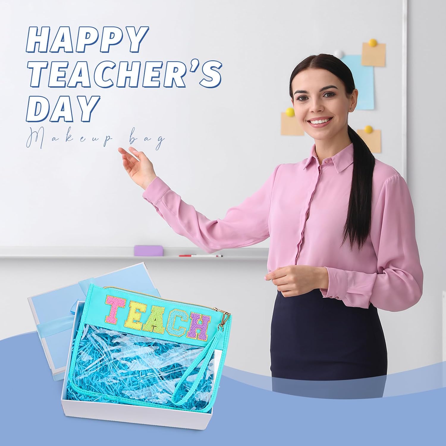 Kacctyen 6 Pcs Teach Bags Chenille Letter Clear Zipper Makeup Bags Teacher Appreciation Gifts Cosmetic Travel Pouch with Handle Gift for Teacher Retirement Women Thanksgiving day Christmas, Multicolor image 5