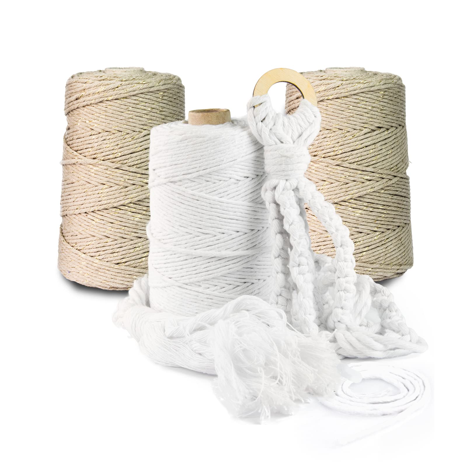 Hilo de macramé prémium, 600 m, 3 mm, color beige oscuro con hilos dorados, 100 % algodón, cordón natural, hilo de algodón, decoración para manualidades