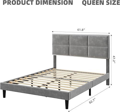 Miniatura 9 de Base de cama tamaño matrimonial, base de cama con cabecera cuadrada de terciopelo, soporte de listones de madera, antideslizante y sin ruido, no